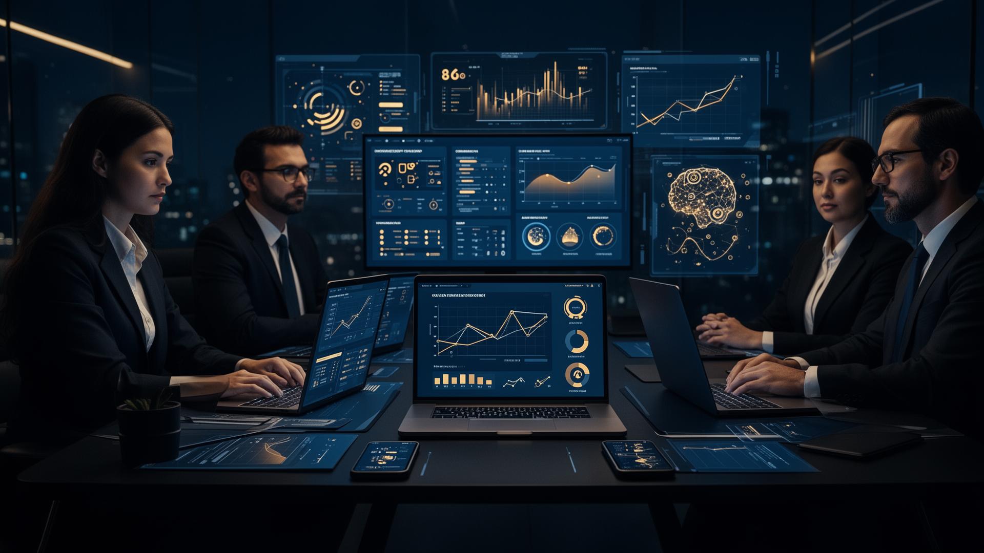 Equipe corporativa analisando dashboards e métricas